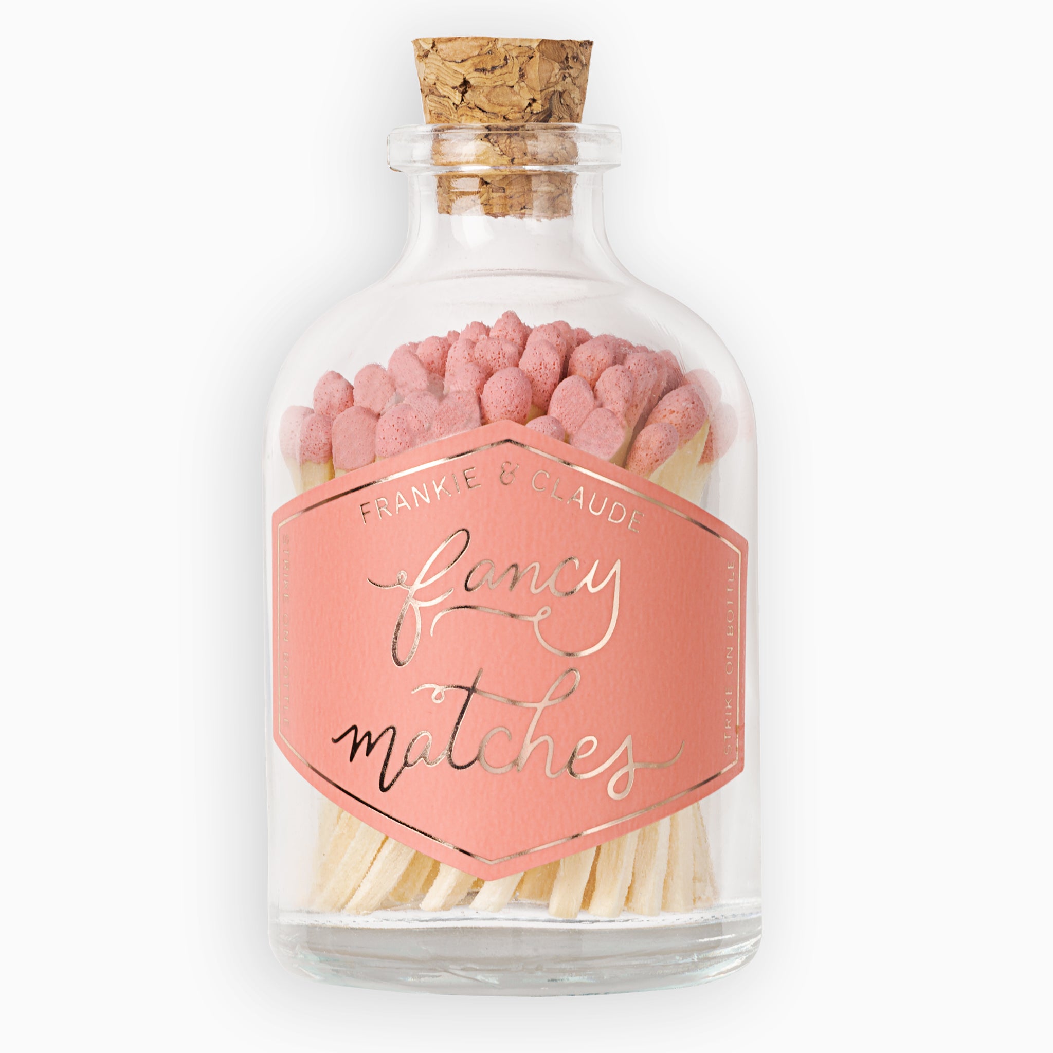 Whimsical Pink Match Jar by Frankie & Claude, featuring beautifully colored pink matches in a sophisticated corked apothecary jar.